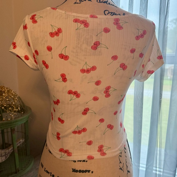Short Sleeve Cutout Design Cherry Top - Picture 2 of 2
